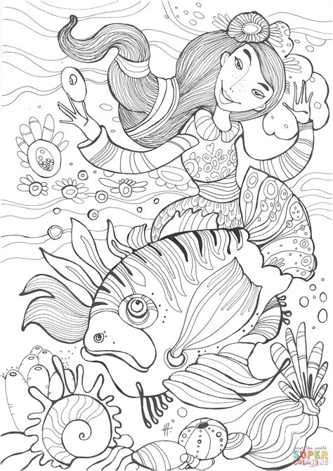 The mermaid featured in this coloring page is seen resting on a rock on a beautiful night. Beautiful Mermaid Witch and Ugly Fish coloring page | Free ...