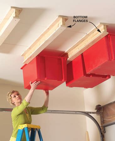 Large bins fit well overhead, and smaller ones fit into cabinets and cupboards. DIY Garage Ceiling Storage