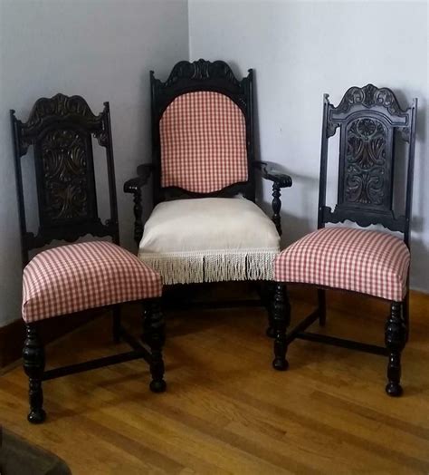 Create an inviting atmosphere with new living room chairs. Antique Jacobean Chairs Captain Accent Set of 3 Reupholstered French Farmhouse #Jacobean # ...