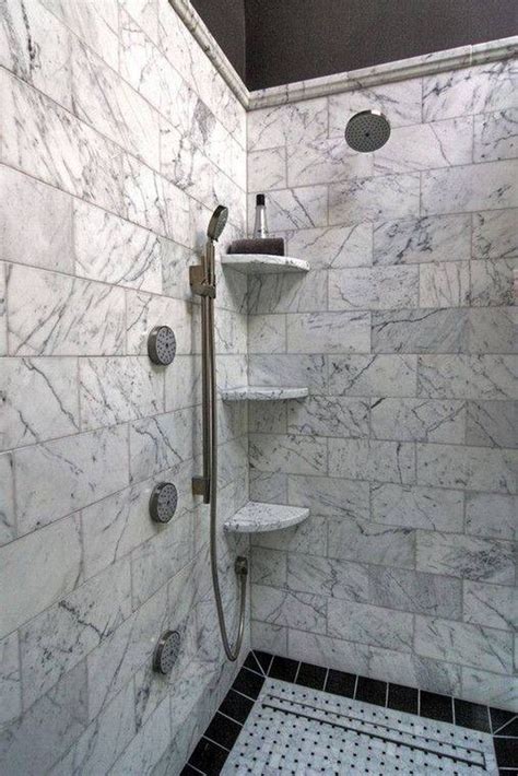 If individual shelves feel too messy and cluttered for your walls, diy pegboards. Walk Shower With Marble Shower Corner Shelves : Practical ...