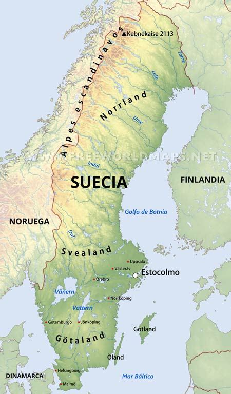 Limita al norte con noruega y finlandia, al este con finlandia y el golfo de botnia. Mapa de Suecia