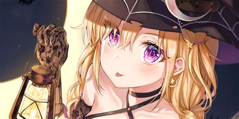 You may have never realized it, but some of the most popular anime characters of all time have blond hair. Wallpaper : anime girls, blonde, purple eyes, hat, Halloween 3000x1500 - jaquelinebouquet ...