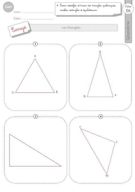 Ce1 / ce2 / cm1 / cm2 exercice 1. cm1: Evaluation les TRIANGLES isoceles, equilateral, rectangle
