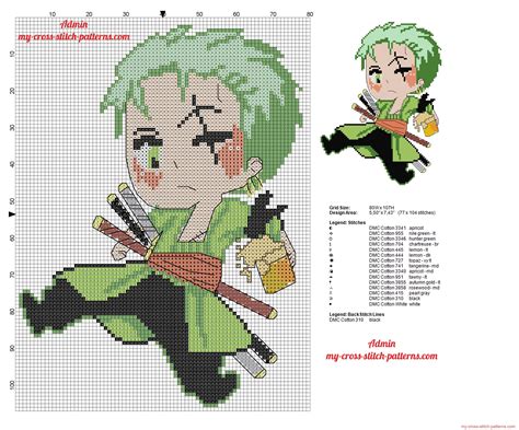 One piece cross stitch patterns. Roronoa Zoro with a beer One Piece character cross stitch ...