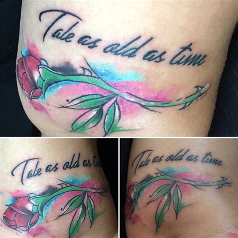 Since the rose is a beloved flower, roses in various colors and species have continuously been used not just in tattoo art, but also in paintings, photographs, and drawings. Red rose watercolor tattoo and "Tale as old as time" love ...