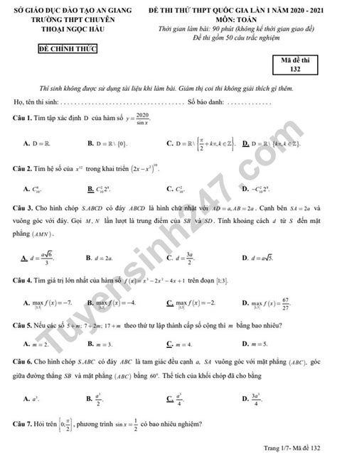 Thi tốt nghiệp thpt là kỳ thi cực kỳ quan trọng với các bạn học sinh và các học sinh đang trong giai đoạn đăng ký thi tốt nghiệp thpt quốc gia 2021. Đề thi thử THPTQG 2021 lần 1 môn Toán THPT Chuyên Thoại ...