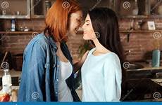 kissing lesbians close kiss moment dreamstime touching haired stock women shoulder preview royalty