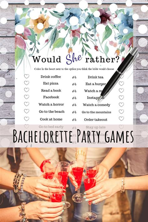 The easiest bachelorette games are printable bachelorette party games. WOULD SHE RATHER? Bachelorette Party Game | Printable ...