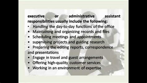 Executive assistant the executive assistant serves as the primary point of contact for internal and externals clients as it relates to the board of directors …the executive assistant also serves as a liaison to the senior management teams; Executive Assistant Job - YouTube