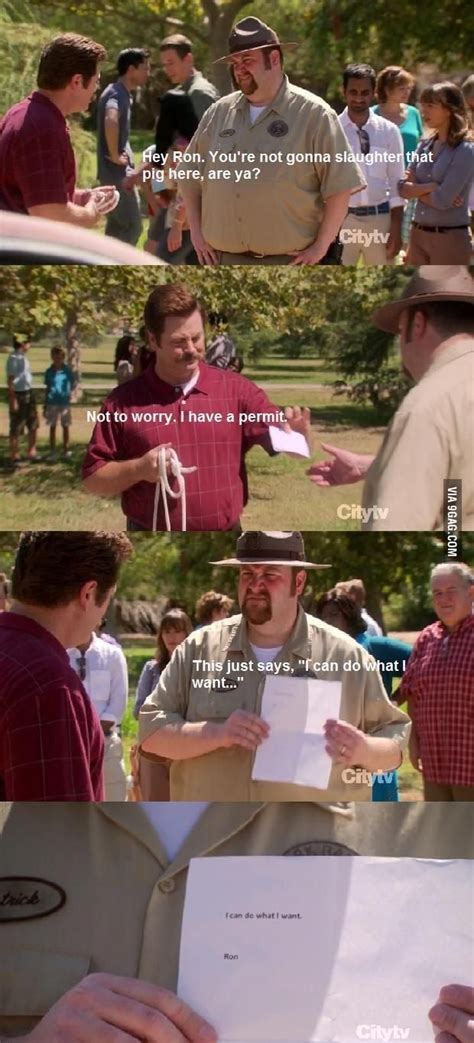 In the series, ron is the director of the parks and recreation department of fictional town of pawnee. Ron Swanson: Men of Men - 9GAG