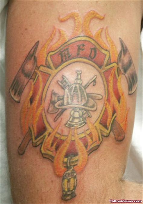 Explore memorial tributes to brave. Flaming Cross With Banner Firefighter Tattoo On Half Sleeve