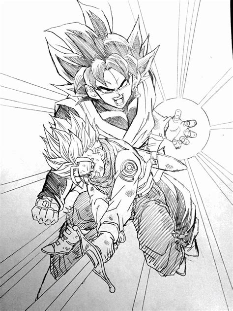 When drawing goku's head, first draw the shape of the head, a sphere that is slightly flattened on top and pointed on the bottom. Trunks vs Black Goku. Drawn by: Young Jijii. Image found ...