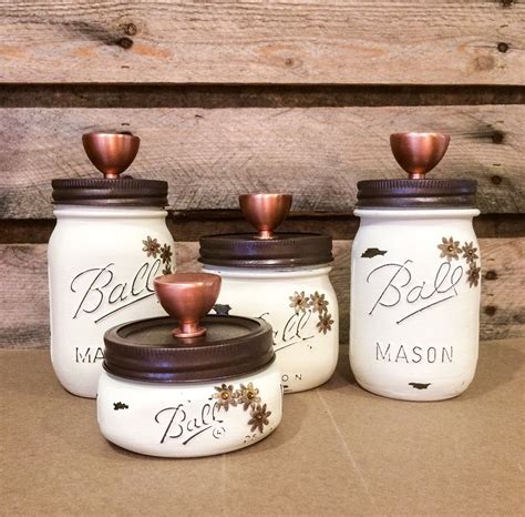 Ideal decoration fits various styles: This Beautiful Ivory hand painted Mason Jar storage set with heavy polished copper fin… | Mason ...