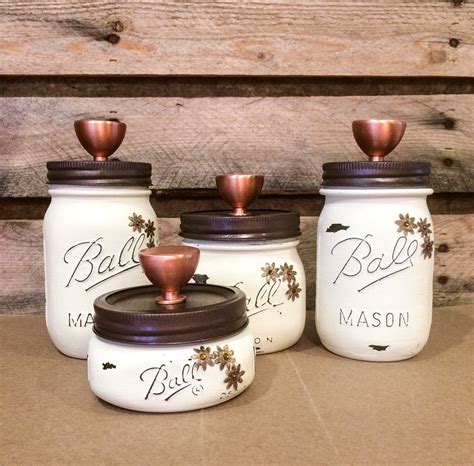 Mason jar bathroom decor, peach bathroom set, painted mason jar bathroom set, bathroom set, bathroom decor, peach bathroom decor, mason jars countryhomeandheart 5 out of 5 stars (11,563) $ 63.00 free shipping add to favorites rustic antique white hand painted & distressed mason jar bathroom set w/ soap dispenser, toothbrush caddy, makeup brush. This Beautiful Ivory hand painted Mason Jar storage set with heavy polished copper fin… | Mason ...