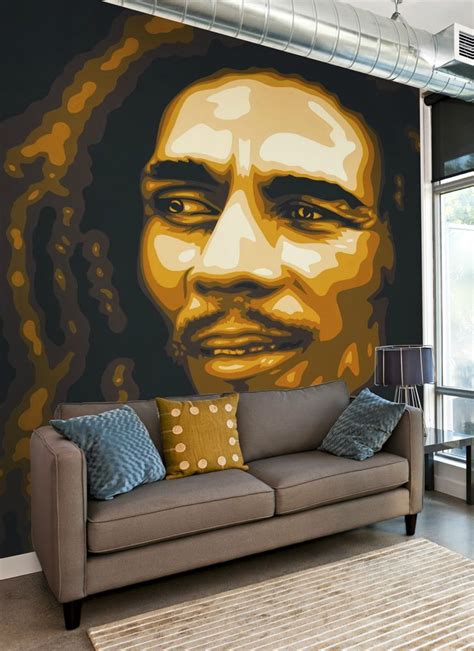 Illustration, reflection, music, green, yellow, bob marley, jamaica, light, color, tree, autumn, leaf, flower, plant, screenshot, computer wallpaper, land plant, flowering plant. This Bob Marley wall mural is applied just like wallpaper ...