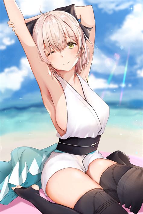 Close kiyomi art is back with season 2! Wallpaper : anime, beach, one eye closed, clouds, sea, sideboob, blush, smiling, armpits, arms ...