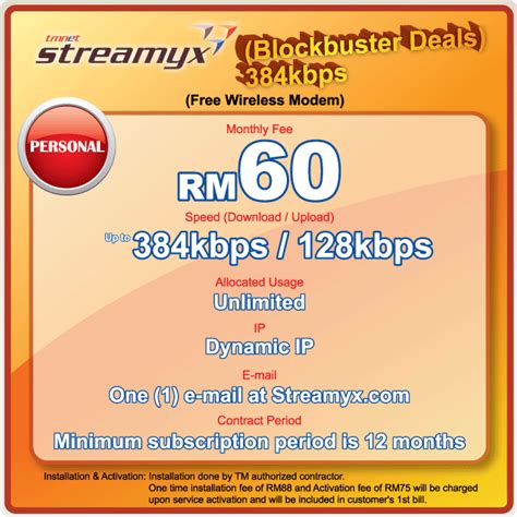 One time installation fee of rm88 and activation fee of rm75 will be charged upon service activation and will be included in customer's 1st bill. WELCOME TO TM ONLINE REGISTRATION: Streamyx Package