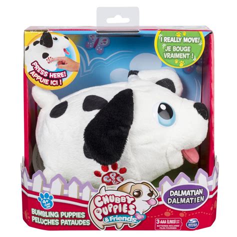 The chubby puppies & friends bumbling plush is for ages 4+ and requires 3 aaa batteries (included). Spin Master - Chubby Puppies Bumbling Plush Dalmatian