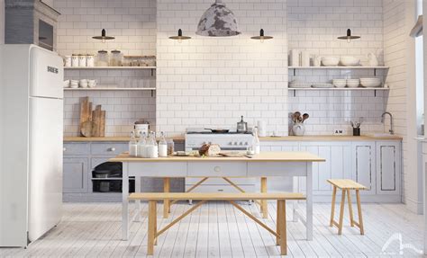 A modern white scandinavian kitchen with a large kitchen island with a black countertop, pendant lamps and a glass buffet. 4 Interiors That Harmonise Clutter Using Scandinavian Style