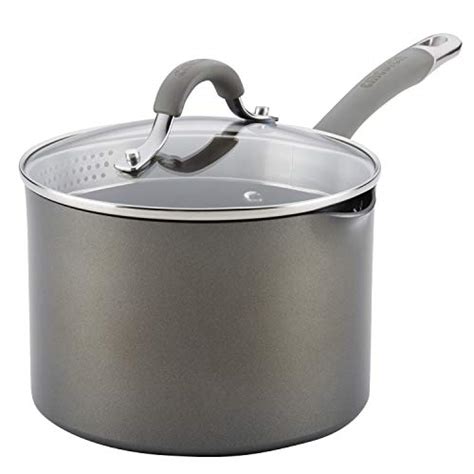 The heavy construction weighs about 3 pounds and is designed to distribute heat evenly to prevent scorching. Circulon 84567 Elementum Hard Anodized Nonstick Sauce Pan ...