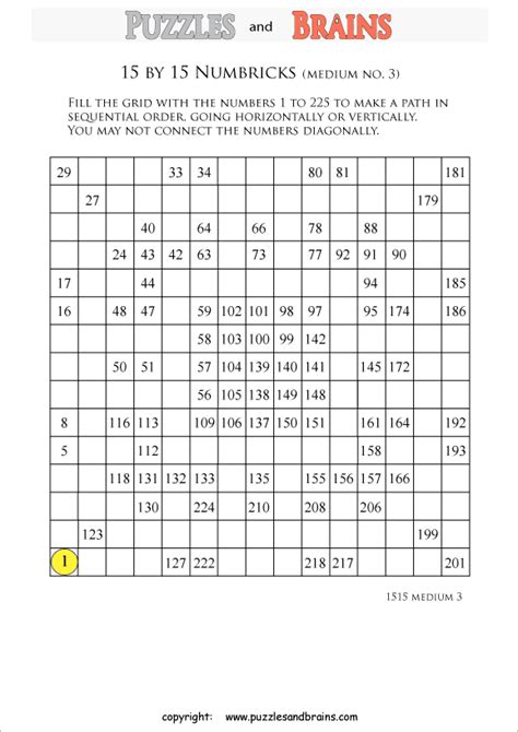 Visit us for more free, printable worksheets for teachers and for fun. printable 15 by 15 medium level Numbrix logic IQ puzzles