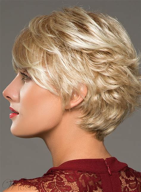 Human hair wigs short bob wigs 4x4 lace closure wigs brazilian curly lace front wigs jaja hair 14 inch curly bob human hair deep wave bob wigs for black women 150% density pre plucked with baby hair. Blonde Short Layered Human Hair Blend Capless Women Wigs ...