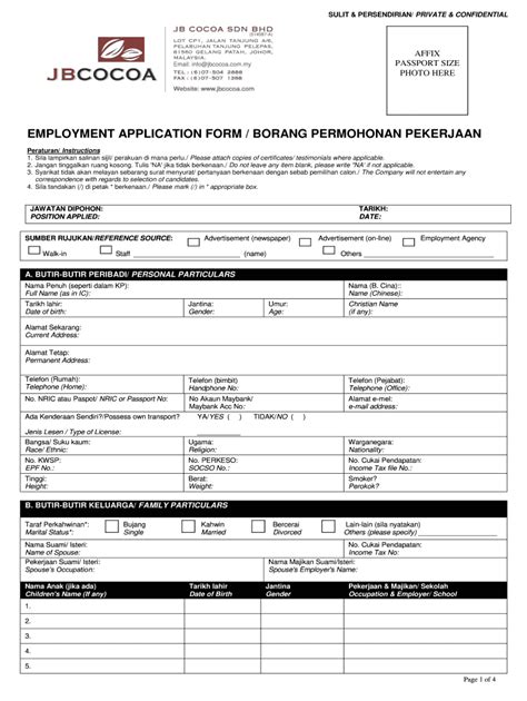 Selain dari permohonan bsh secara online, pengguna juga boleh mengisi borang bsh yang disediakan dan mengemukakan permohonan secara manual. JB Cocoa Employment Application Form / Borang Permohonan ...