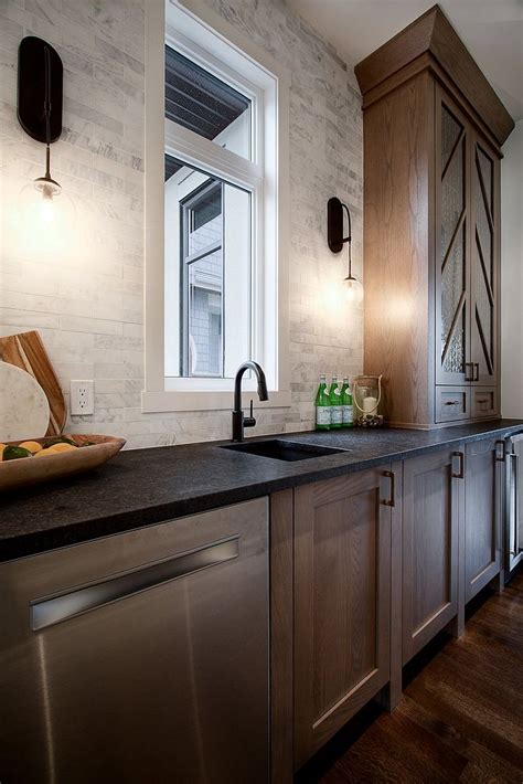 Countertop choices for white kitchen cabinetry. Butlers pantry with white oak shaker style cabinet with ...