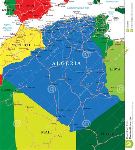 Es besitzt im norden eine küste zum mittelmeer und wird von marokko im nordwesten, tunesien im nordosten, libyen im. Algerien-Karte vektor abbildung. Illustration von ...