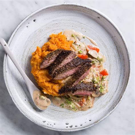 After the sauce has thickened, stir in a little more butter, then pour it over your steak. Beef Pave Steak with Pumpkin Mash and Mushroom Sauce - My ...