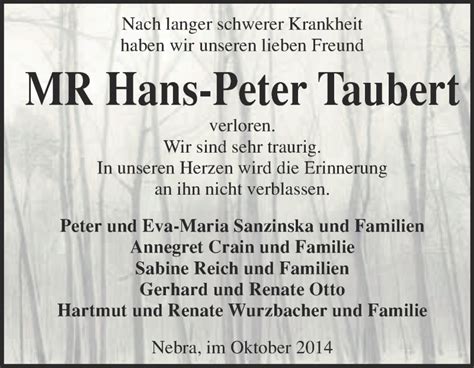 Öffnungszeiten von peter taubert in beim goldenen pflug 5, 04600, altenburg deutschland inklusive kontaktdaten wie adresse, telefonnummer, webseite, anfahrtsplan u.a. Traueranzeigen von Hans-Peter Taubert | www.abschied-nehmen.de