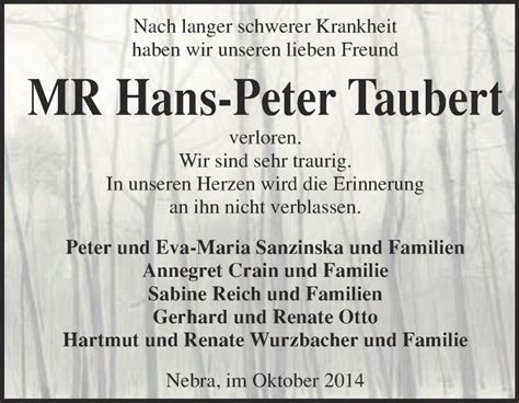 Öffnungszeiten von peter taubert in beim goldenen pflug 5, 04600, altenburg deutschland inklusive kontaktdaten wie adresse, telefonnummer, webseite, anfahrtsplan u.a. Traueranzeigen von Hans-Peter Taubert | www.abschied-nehmen.de