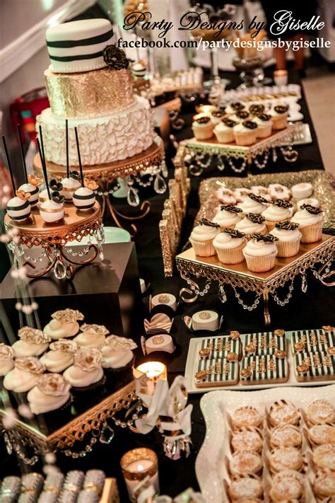 Black light dinner party older together. Black, White, and Gold Dessert Display Cake Table Birthday ...