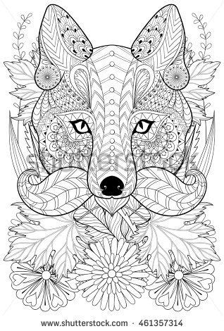 Set of patterned heads of lynx, fox, roe and ram. Zentangle stylized fox with moustache on flowers. Hand ...