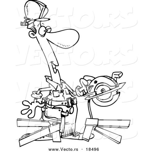 Print saw coloring page (color). Vector of a Cartoon Repair Man Using a Circular Saw ...