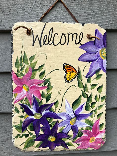 Hand Painted Summer Slate welcome sign, Spring door hangers, welcome 