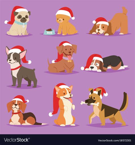 The puppy is smiling and sitting in a bag of santa claus. Christmas dog cute cartoon puppy characters Vector Image