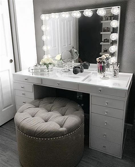 A hairpin leg wooden makeup table. SlayStation® Pro 2.0 Tabletop + Vanity Mirror + 5 Drawer ...