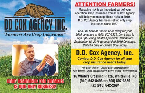 We offer homeowners, car insurance, personal insurance and business insurance solutions that. SATURDAY, JUNE 2, 2018 Ad - Dd Cox Agency Inc. - Sampson Independent