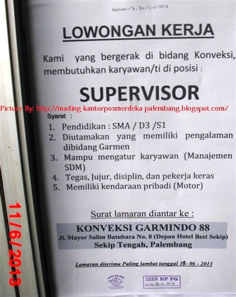Kegiatan saya sekarang menolong mengurus administrasi konveksi yang dipimpin kakak saya sendiri. Info Loker Di Mading Kantor POS Merdeka Palembang ...