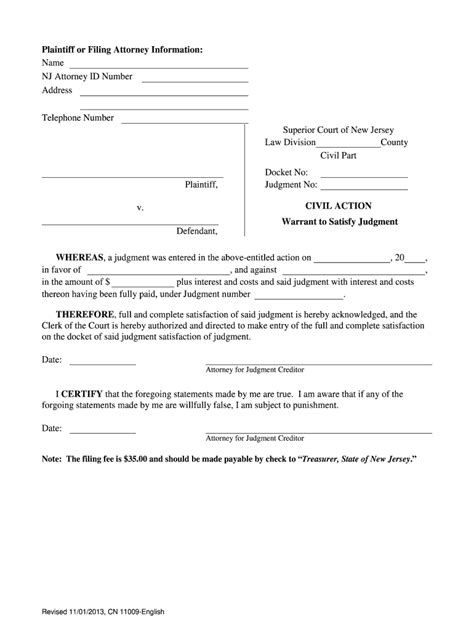 Many documents filed in the high court must be set out in a certain way (a 'prescribed form'). Warrant To Satisfy Judgment Nj - Fill Out and Sign ...