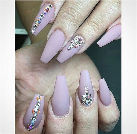 Light beige with gold rhinestones on accent finger. Matte Coffin nails with Rhinestones | Nails design with ...