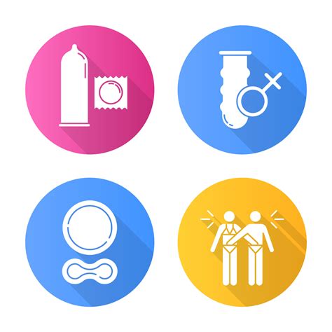 Safe sex flat design long shadow glyph icons set. Female vaginal condom