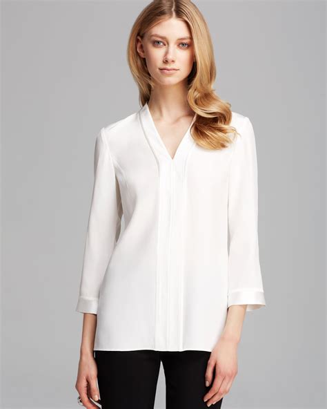 Chic women bowtie rhinestones satin blouse long sleeve slim chiffon tops shirt l. Lafayette 148 New York V Neck Silk Blouse in White (Cloud) | Lyst