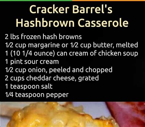 This creamy potato and ham casserole is packed with a variety of vegetables and will please the whole family. Cracker barrels hash brown casserole colby cheese, ham or ...