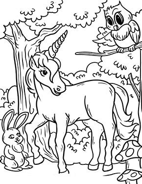 Einhorn ausmalbilder als malbuch, tachenbuch oder notizbuch oder rätselheft. Ausmalbild Einhorn im Wald zum Ausdrucken