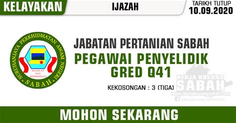 Sekiranya begitu, cubalah memohon jawatan pegawai penyelidik gred q41 di spa kerana ia mungkin dapat menepati citarasa anda. Jawatan Kosong Kerajaan Negeri Sabah 2020 | Pegawai ...