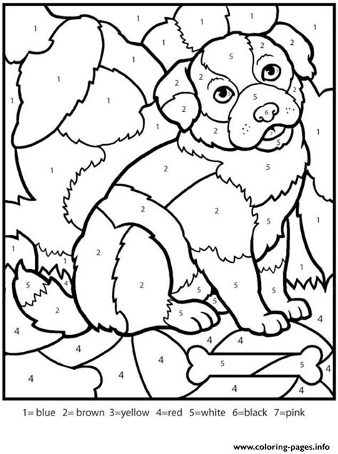 Teken de details van het lijf en de teken het lichaam van de hond met gebogen lijnen, die de cirkels en het ovaal verbinden. Color By Numbers Adult Worksheets Dog Coloring Pages Printable