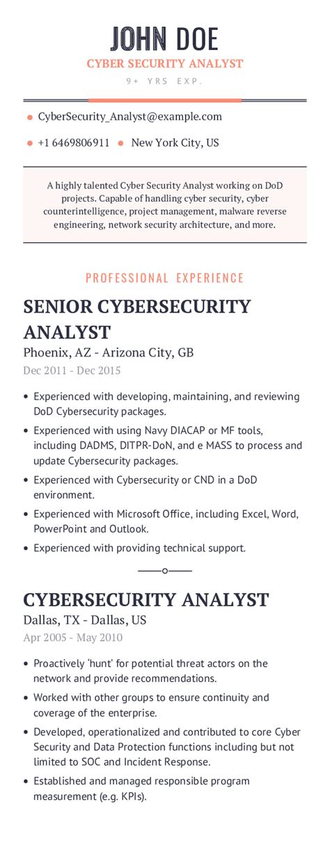 Example usage on resumes, skill set & top keywords in 2021. Cyber Security Analyst Resume Example With Content Sample ...