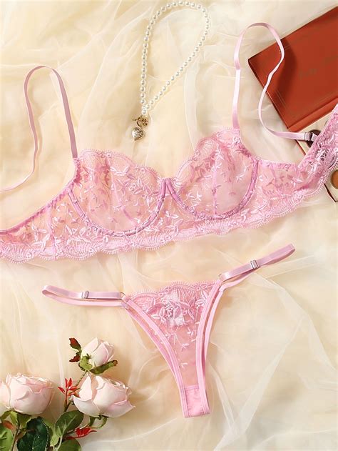 Pink Sexy Mesh Plain Sexy Sets Non-Stretch Women Intimates Lingerie